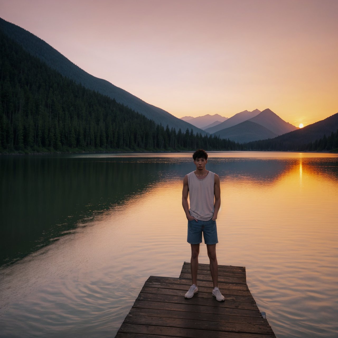 A young man stands on a weathered wooden dock extending over a still mountain lake at dusk. Dressed in cutoff denim shorts and a loose white tank top, he gazes pensively over the glassy waters with hands in his pockets. His hair glows in the golden light of the setting sun. A sense of peace and solitude pervades this high alpine scene at day's end as the sky fades into pastel hues and the loons begin their plaintive calls