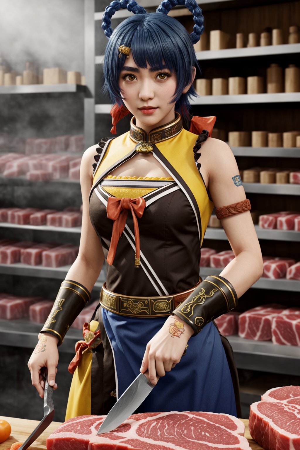 kamisatoayakadef, blue hair, holding a knife, in a (butcher shop), butcher, (best quality), ((masterpiece)), (extremely detailed CG 8k),xianglingdef