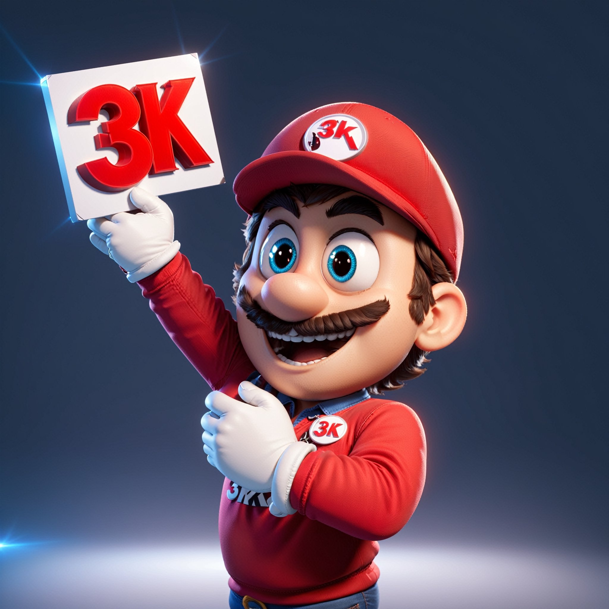 Mario holding a sign that says "3k", 3d, cartoon, blank background, text'3K'