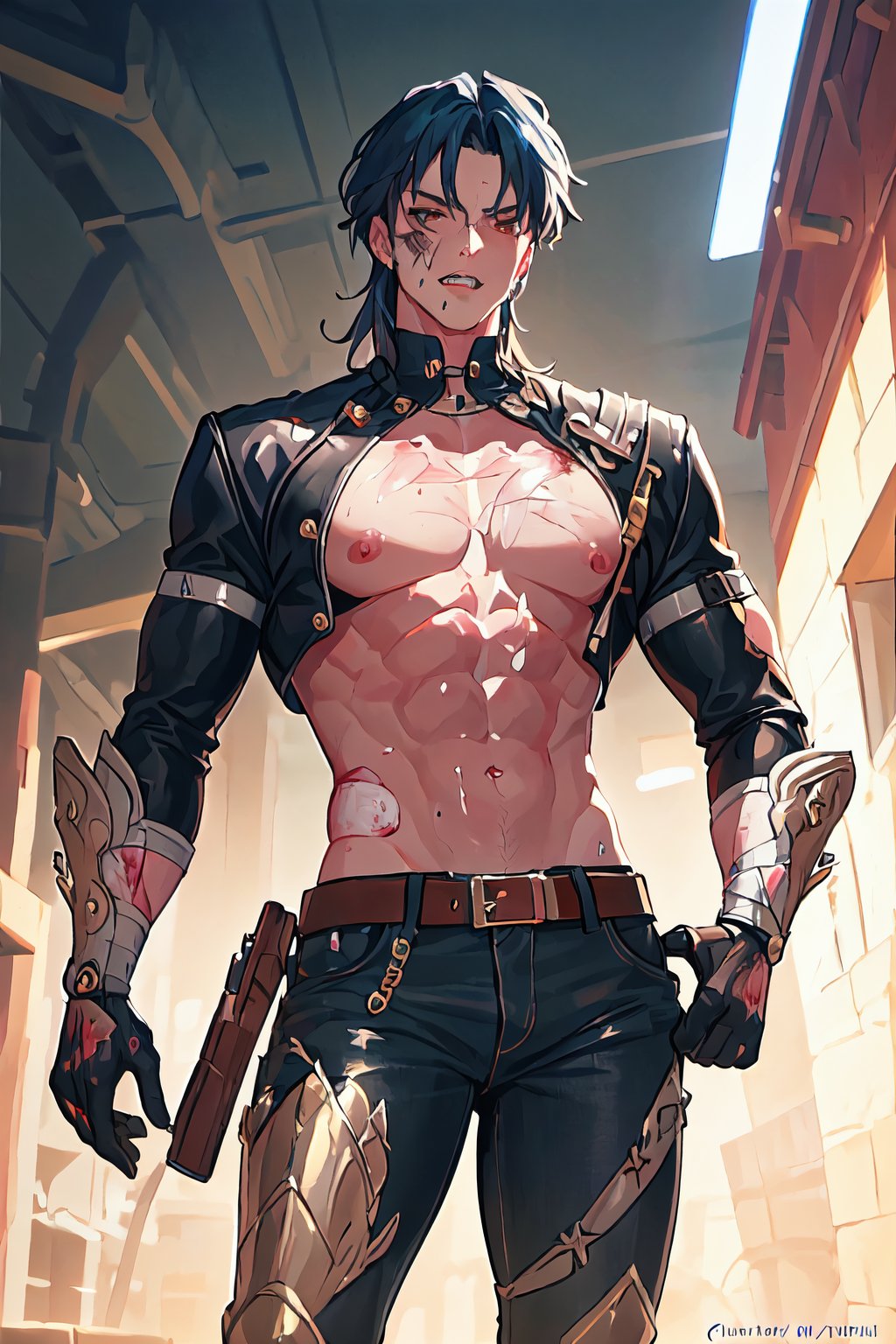 An oil painting of a 1man ,a (((fully clothed))) biomechanical __cowboy  ,cowboy boots,  (((cowboy shirt___))),masculine. (((((injuries show gleaming metal bones and teeth showing through in places ))))),((gunbelt)),colt peacemaker pistol in right hand,clean shaven,strong,confident, sole focus,square chin,  strong jawline,cowboy shot, contrapposto,masterpiece, award-winning photography, macro photography vivid colors, photorealistic, atmospheric, cinematic, moody, rule of thirds, majestic, detailed, sharp details,sharp focus, perfect anatomy, aesthetic, art by  yusuke murata and frank franzetta,blade \(honkai: star rail\)