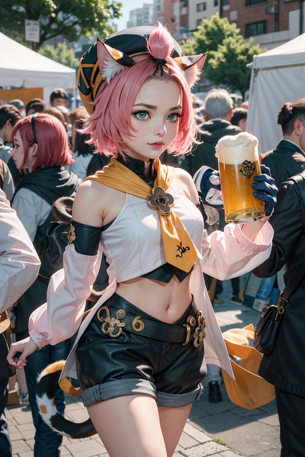 1 Girl, beer, girl holding beer, graceful figure, crowd, beer festival, high-definition image quality, best portrait, SFW., masterpiece, best quality, outdoors,1girl, animal ears, solo, diona (genshin impact), cat ears, pink hair, tail, navel, cat tail, animal ear fluff, hat, shorts,green eyes, cat girl, gloves, white gloves,  detached sleeves,(kbxll:0.8)