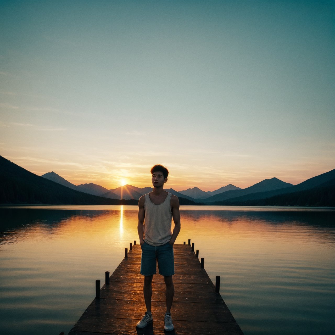 A young man stands on a weathered wooden dock extending over a still mountain lake at dusk. Dressed in cutoff denim shorts and a loose white tank top, he gazes pensively over the glassy waters with hands in his pockets. His hair glows in the golden light of the setting sun. A sense of peace and solitude pervades this high alpine scene at day's end as the sky fades into pastel hues and the loons begin their plaintive calls