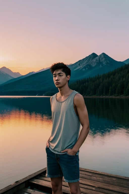 A young man stands on a weathered wooden dock extending over a still mountain lake at dusk. Dressed in cutoff denim shorts and a loose white tank top, he gazes pensively over the glassy waters with hands in his pockets. His hair glows in the golden light of the setting sun. A sense of peace and solitude pervades this high alpine scene at day's end as the sky fades into pastel hues and the loons begin their plaintive calls