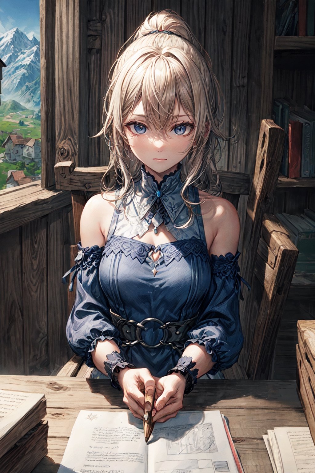 
Masterpiece, high_res, unreal engine 5, highest quality, detailed face, detailed eyes,better color, 1girl,jeanseabreeze, sleeping,holding a quill in right hand,empty left hand,looking down,indoors, working,mediaeval, castle, office room, wooden chair, wooden table,left hend on table,books and documents on table, looking to table,sitting on chair, scenery , window, distant mountains,windmill, mediaeval house ,FFIXBG