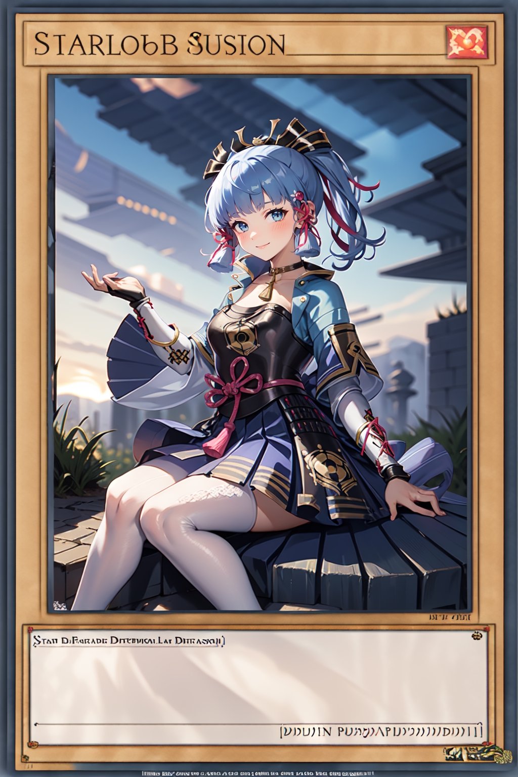 yugioh_card,KAMISATOAYAKADEF,kamisatoayakadef, full body, sitting, smile, blush, outdoors, day, simple background, blue sky, short hair, sky, temple, looking at viewer, sitting on stairs, mountain, moody lighting,