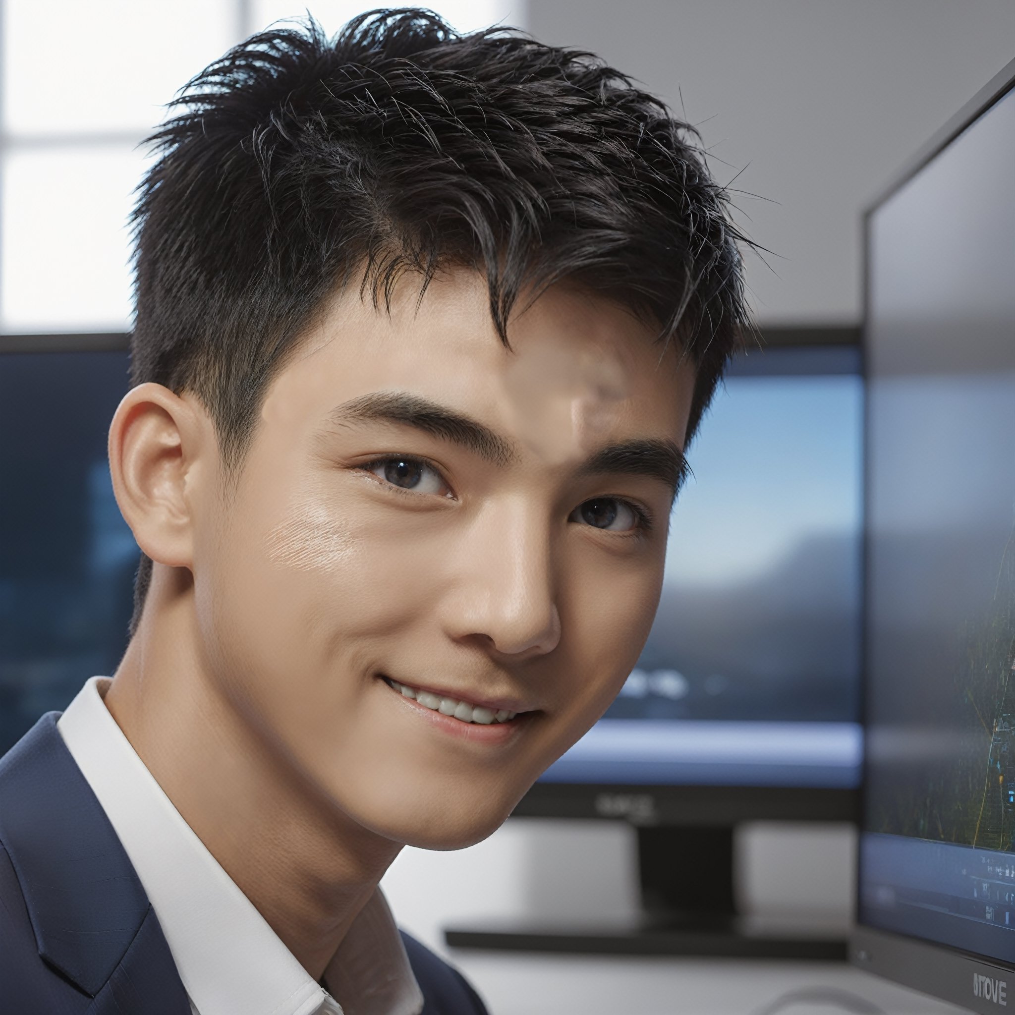 looking at a monitor, Black hair, briad,  (black eyes:1.3), (smile:1.4), monitor,  Masterpiece, top quanlity, best quanlity, official art, beautiful and aesthetic:1.2), extremely detailed. high quanlity, highres, 16k, RAW, ultra highres, ultra details, finely detail, an extremely delicate and beautiful, extremely detailed, real shadow, ((restore face)), detail eyes, beautiful eyes,1boy,1guy, ,photorealistic, suit, work scene,upper body, monitor in background, Oouguancong