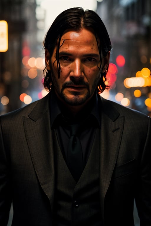 create an NFT of John Wick, ((light bokeh)), intricate, (steel metal [rust]), elegant, sharp focus, photo by greg rutkowski, soft dark lighting, vibrant colors, (masterpiece), ((dark streets)), (detailed face:1.1), eye iris