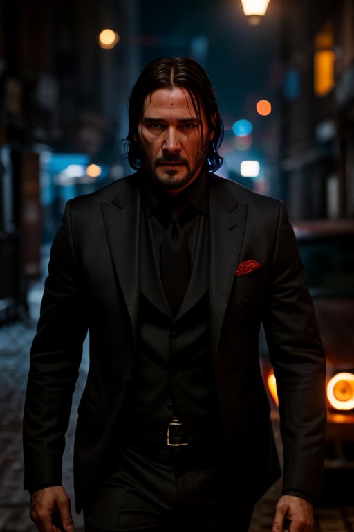 create an NFT of John Wick with a face cap on, ((light bokeh)), intricate, (steel metal [rust]), elegant, sharp focus, photo by greg rutkowski, soft dark lighting, vibrant colors, (masterpiece), ((dark streets)), (detailed), eye iris