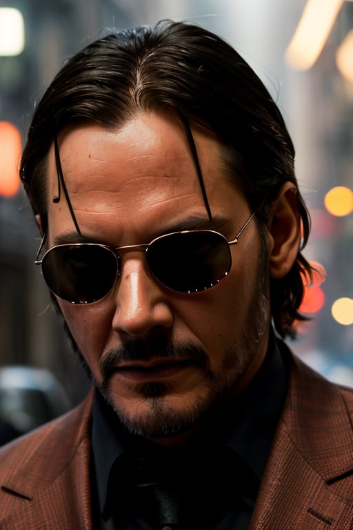 John Wick NFT with shades on, ((light bokeh)), intricate, (steel metal [rust]), elegant, sharp focus, photo by greg rutkowski, soft lighting, vibrant colors, (masterpiece), ((dark streets)), (detailed face:1.1), eye iris