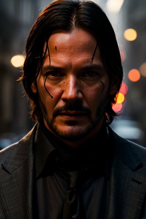 create an NFT of John Wick, ((light bokeh)), intricate, (steel metal [rust]), elegant, sharp focus, photo by greg rutkowski, soft lighting, vibrant colors, (masterpiece), ((dark streets)), (detailed face:1.1), eye iris