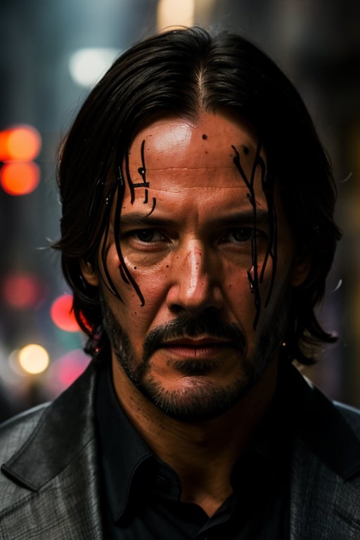 Portrait photo of John Wick NFT in a worn mech suit, ((light bokeh)), intricate, (steel metal [rust]), elegant, sharp focus, photo by greg rutkowski, soft lighting, vibrant colors, (masterpiece), ((dark streets)), (detailed face:1.1), eye iris