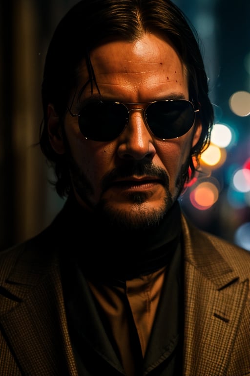 John Wick NFT with shades on, ((light bokeh)), intricate, (steel metal [rust]), elegant, sharp focus, photo by greg rutkowski, soft lighting, vibrant colors, (masterpiece), ((dark streets)), (detailed face:1.1), eye iris