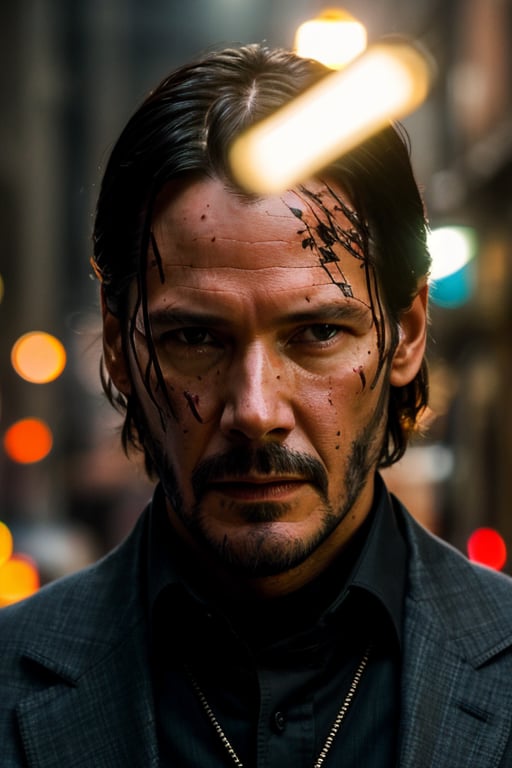 Portrait photo of John Wick NFT in a worn mech suit, ((light bokeh)), intricate, (steel metal [rust]), elegant, sharp focus, photo by greg rutkowski, soft lighting, vibrant colors, (masterpiece), ((dark streets)), (detailed face:1.1), eye iris