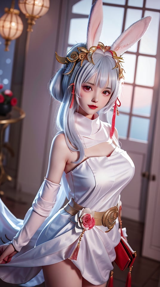 mature female, arms behind back, cityscape,night,facial mark,close-up, indoors,window, 1girl,blush,skirt,looking at viewer,（nsfw, no cloth, no bra. No panties, ）standing,hair ornament, hair flower, flower, rose,long hair,light blue hair,bangs, rabbit ears,  ,