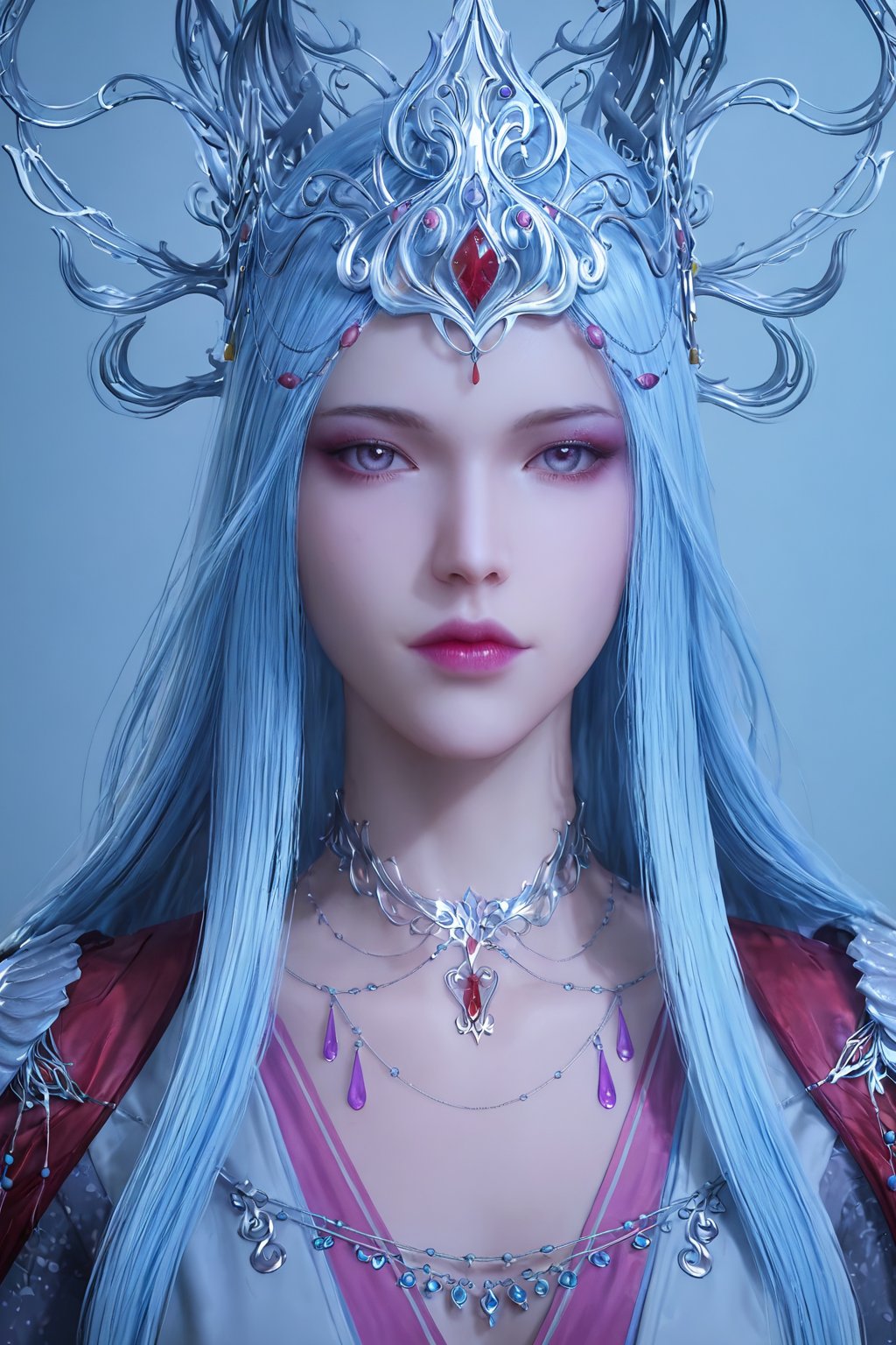 score_9,score_8_up,score_7_up,realistic skin:1.35,Volumetric light,
(masterpiece, best quality:1.4),finely detailed,1girl, solo, long hair, looking at viewer, jewelry, blue hair, upper body, necklace, lips, grey eyes, makeup, crown, lipstick,BSX