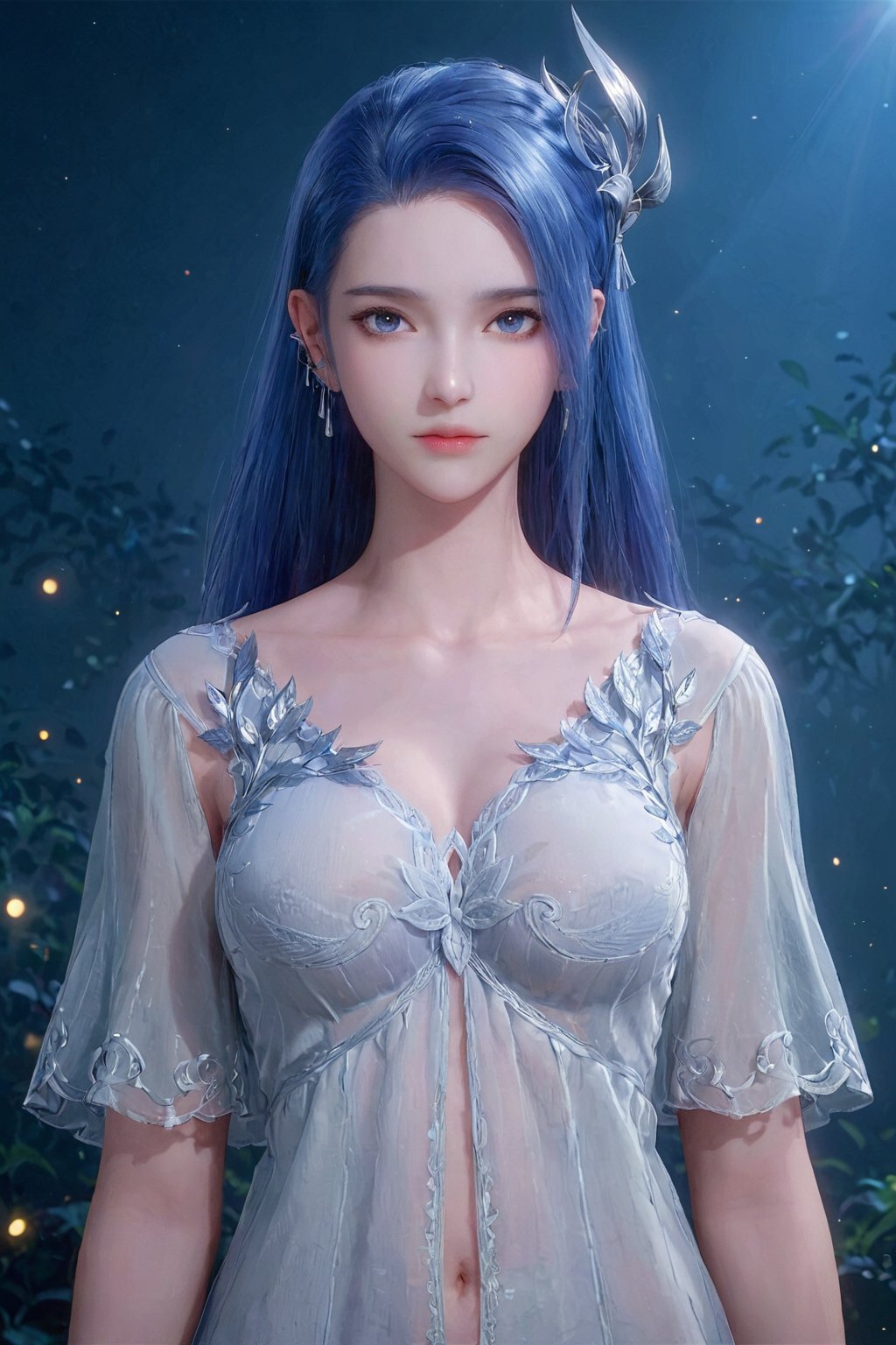 score_9,score_8_up,score_7_up  ,AY ,1girl, solo, long hair, looking at viewer, blue eyes, hair ornament, (white nightgown)/( see_through) , jewelry, closed mouth, blue hair, earrings, Cowboy lens