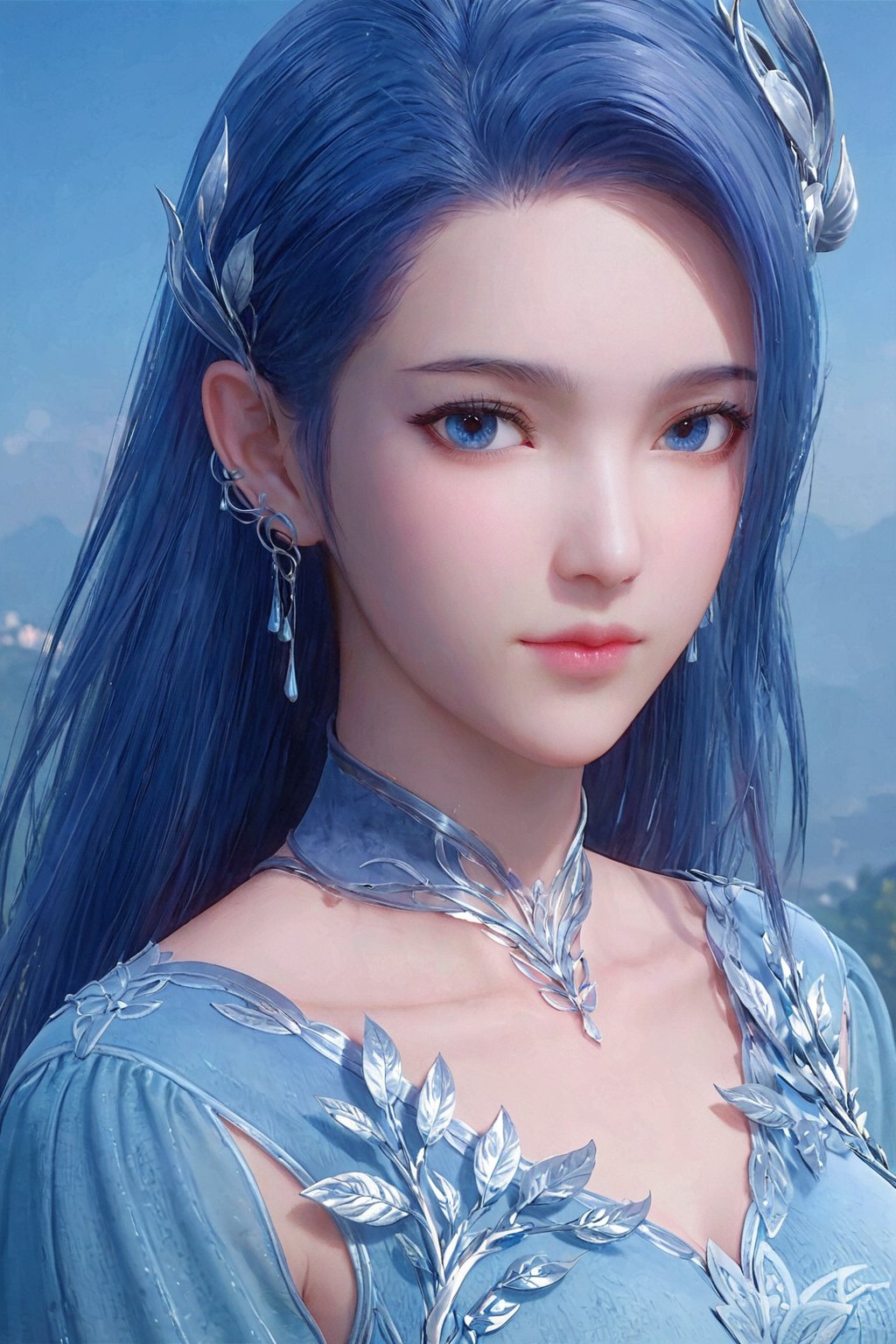 score_9,score_8_up,score_7_up  ,AY ,1girl, solo, long hair, looking at viewer, blue eyes, hair ornament, dress, jewelry, closed mouth, blue hair, upper body, earrings, blue dress