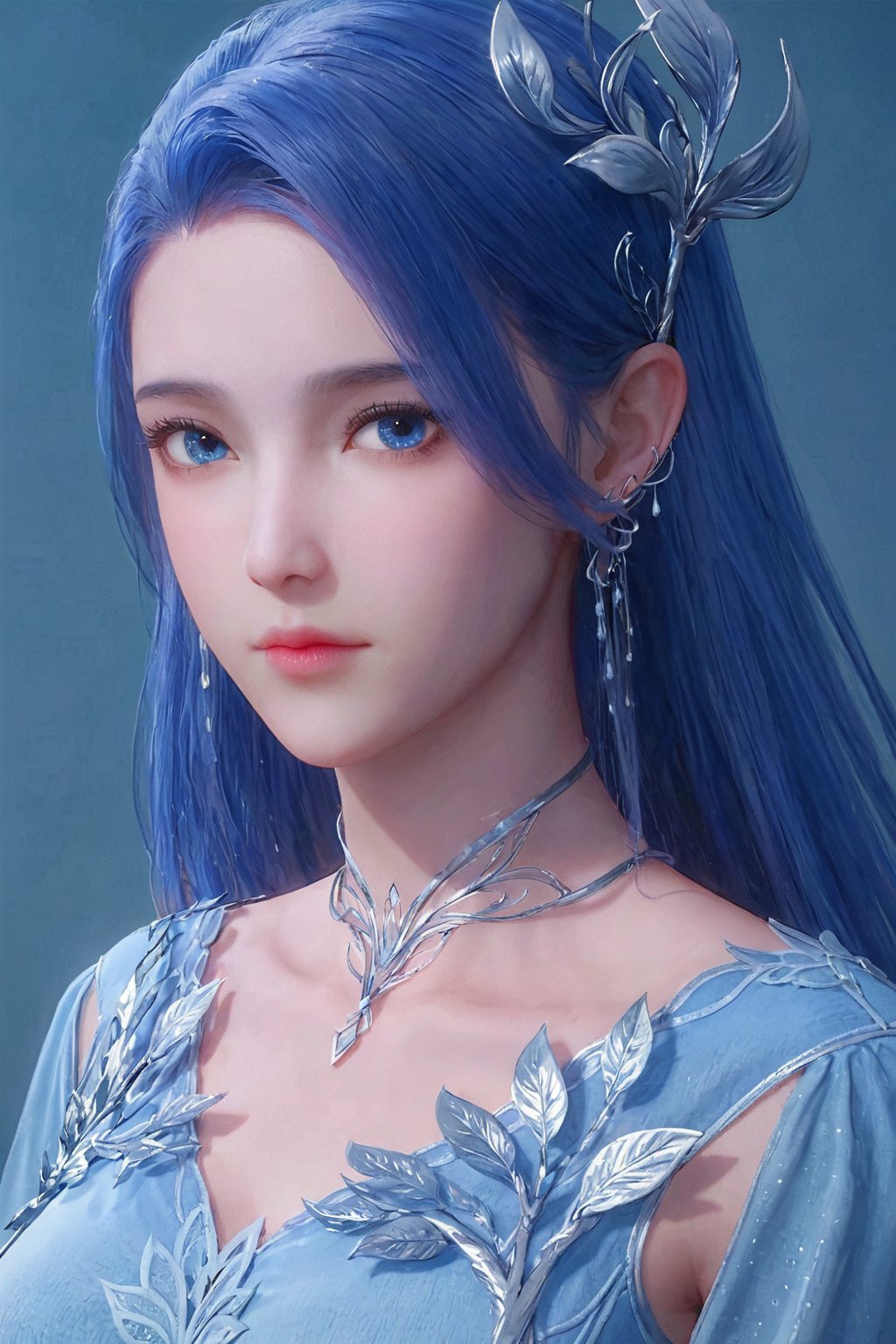 score_9,score_8_up,score_7_up  ,AY ,1girl, solo, long hair, looking at viewer, blue eyes, hair ornament, dress, jewelry, closed mouth, blue hair, upper body, earrings, blue dress