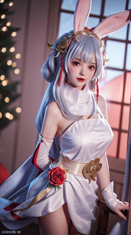 mature female, arms behind back, cityscape,night,facial mark,close-up, indoors,window, 1girl,blush,skirt,looking at viewer,（nsfw, no cloth, no bra. No panties, ）standing,hair ornament, hair flower, flower, rose,long hair,light blue hair,bangs, rabbit ears,  ,