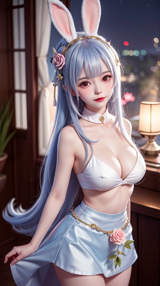 mature female, arms behind back, cityscape,night,facial mark,close-up, indoors,window, 1girl,blush,skirt,looking at viewer,（（（nsfw, no cloth1.4, no bra. No panties, ）））,standing,hair ornament, hair flower, flower, rose,long hair,light blue hair,bangs, rabbit ears,  ,