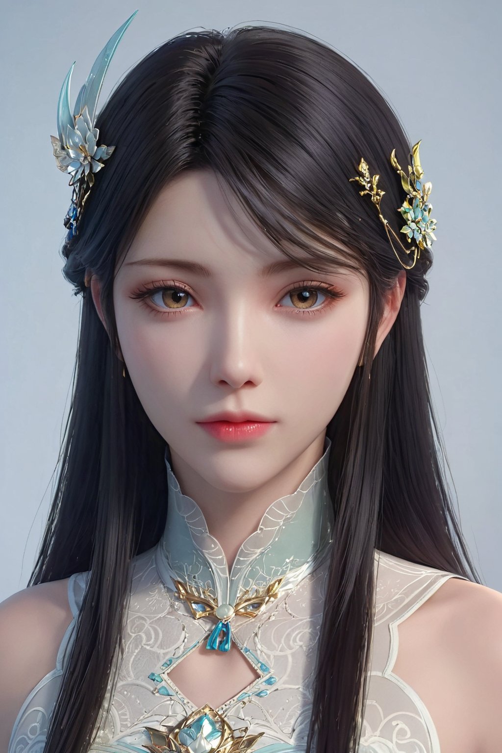 score_9,score_8_up,score_7_up,realistic skin:1.35,Volumetric light,
(masterpiece, best quality:1.4),finely detailed,1girl, solo, long hair, looking at viewer,hair ornament, jewelry, black hair,  blonde eyes,XXE