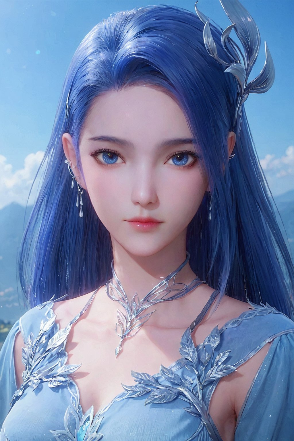 score_9,score_8_up,score_7_up  ,AY ,1girl, solo, long hair, looking at viewer, blue eyes, hair ornament, dress, jewelry, closed mouth, blue hair, earrings, blue dress,Cowboy lens