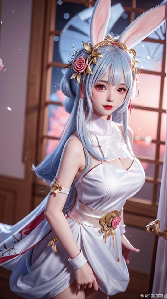 mature female, arms behind back, cityscape,night,facial mark,close-up, indoors,window, 1girl,blush,skirt,looking at viewer,（nsfw, no cloth, no bra. No panties, ）standing,hair ornament, hair flower, flower, rose,long hair,light blue hair,bangs, rabbit ears,  ,