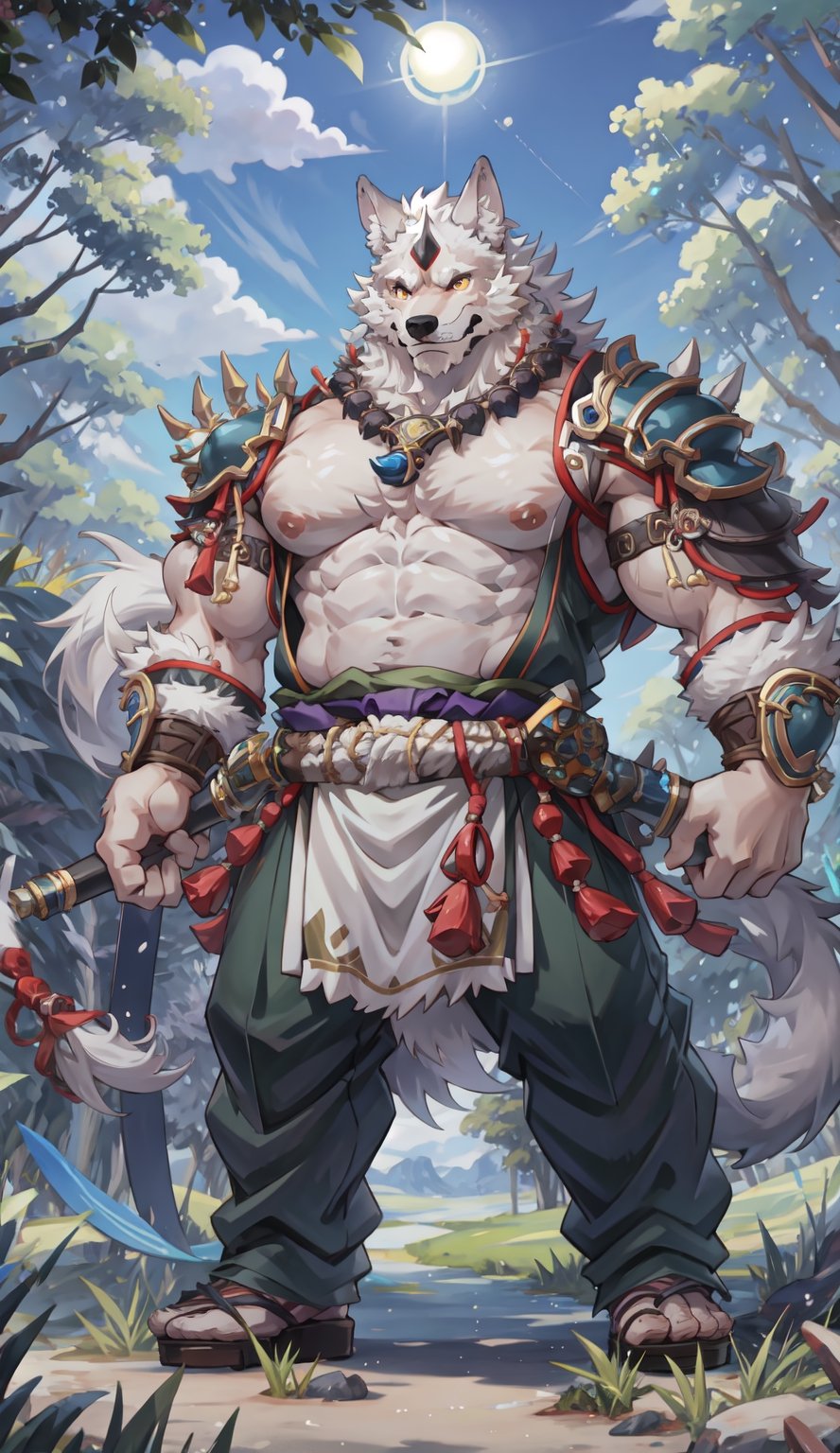 1 kemono mature male,  wolf, solo, 4K,  masterpiece, ultra-fine details, full_body, thick arms, prominent ear, thick eyebrow, Argus-eyed, big_muscle,  muscular thighs, tall, Muscular,
Japanese summer fastival