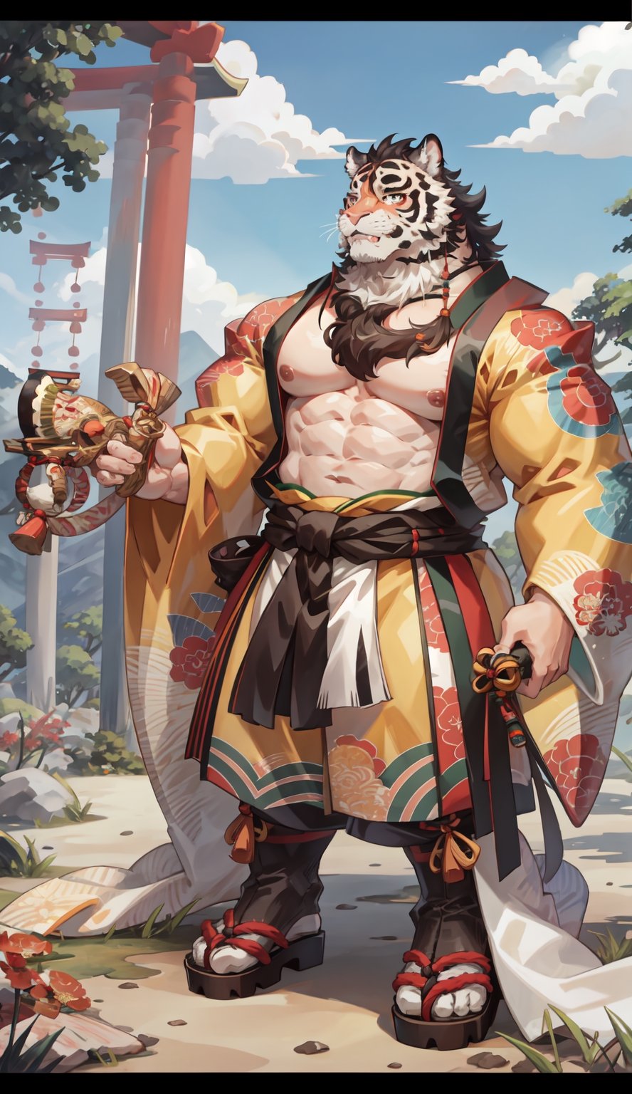 1 kemono mature male,  tiger, solo, 4K,  masterpiece, ultra-fine details, full_body, thick arms, prominent ear, thick eyebrow, Argus-eyed, big_muscle,  muscular thighs, tall, Muscular,
Japanese summer fastival,A Traditional Japanese Art