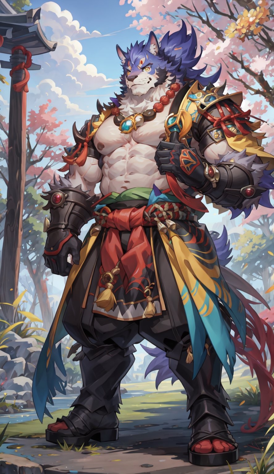 1 kemono mature male, colorful furred, solo, 4K,  masterpiece, ultra-fine details, full_body, thick arms, prominent ear, thick eyebrow, Argus-eyed, big_muscle,  muscular thighs, tall, Muscular,
Japanese summer fastival