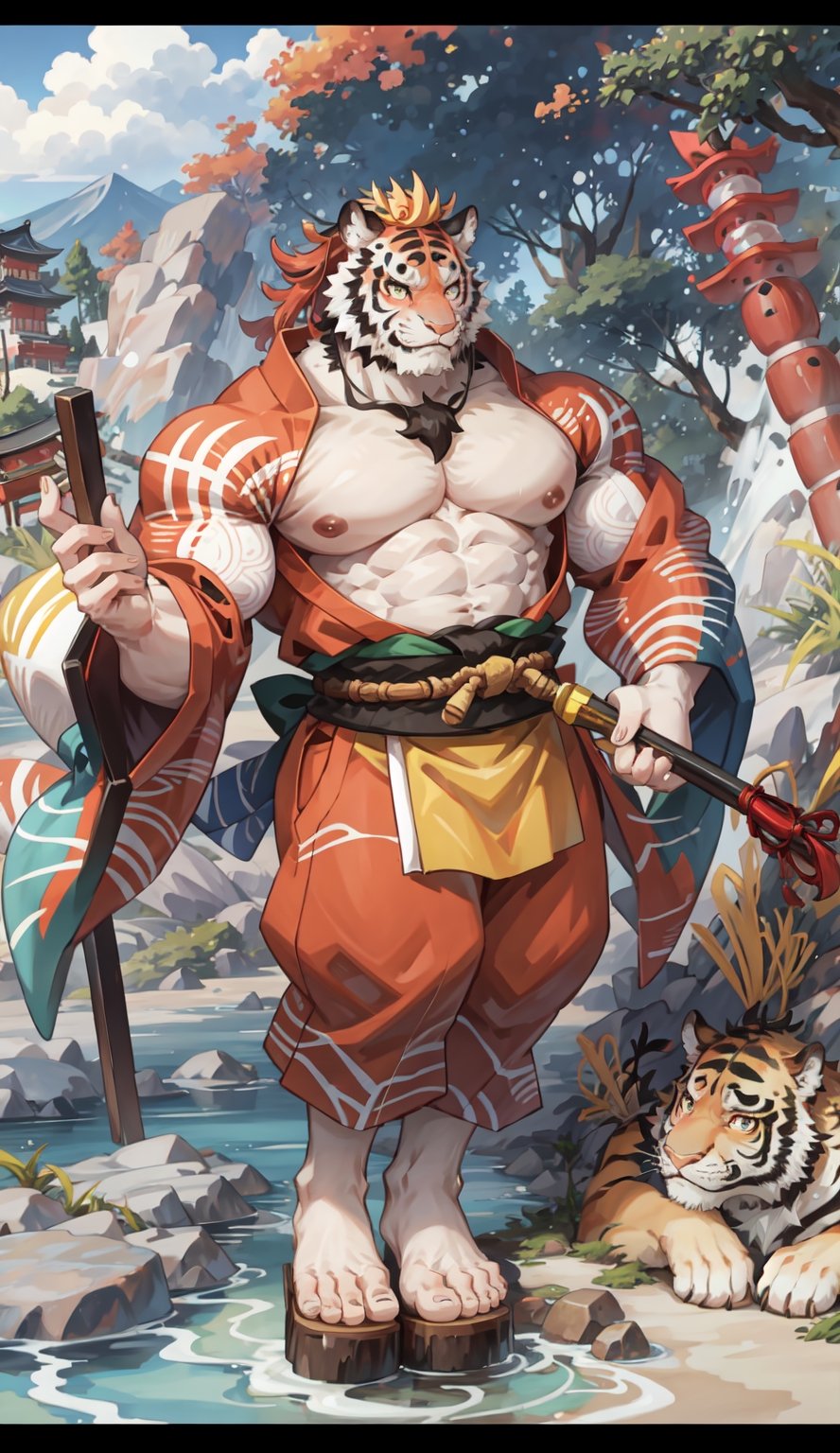 1 kemono mature male,  tiger, solo, 4K,  masterpiece, ultra-fine details, full_body, thick arms, prominent ear, thick eyebrow, Argus-eyed, big_muscle,  muscular thighs, tall, Muscular,
Japanese summer fastival,A Traditional Japanese Art
