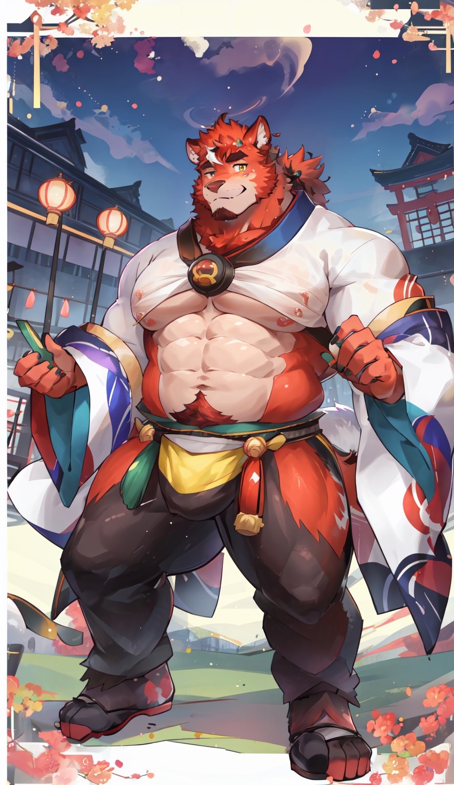 1 kemono mature male, colorful furred, solo, 4K,  masterpiece, ultra-fine details, full_body, thick arms, prominent ear, thick eyebrow, Argus-eyed, big_muscle,  muscular thighs, tall, Muscular, stocky,
Japanese summer fastival,rha30