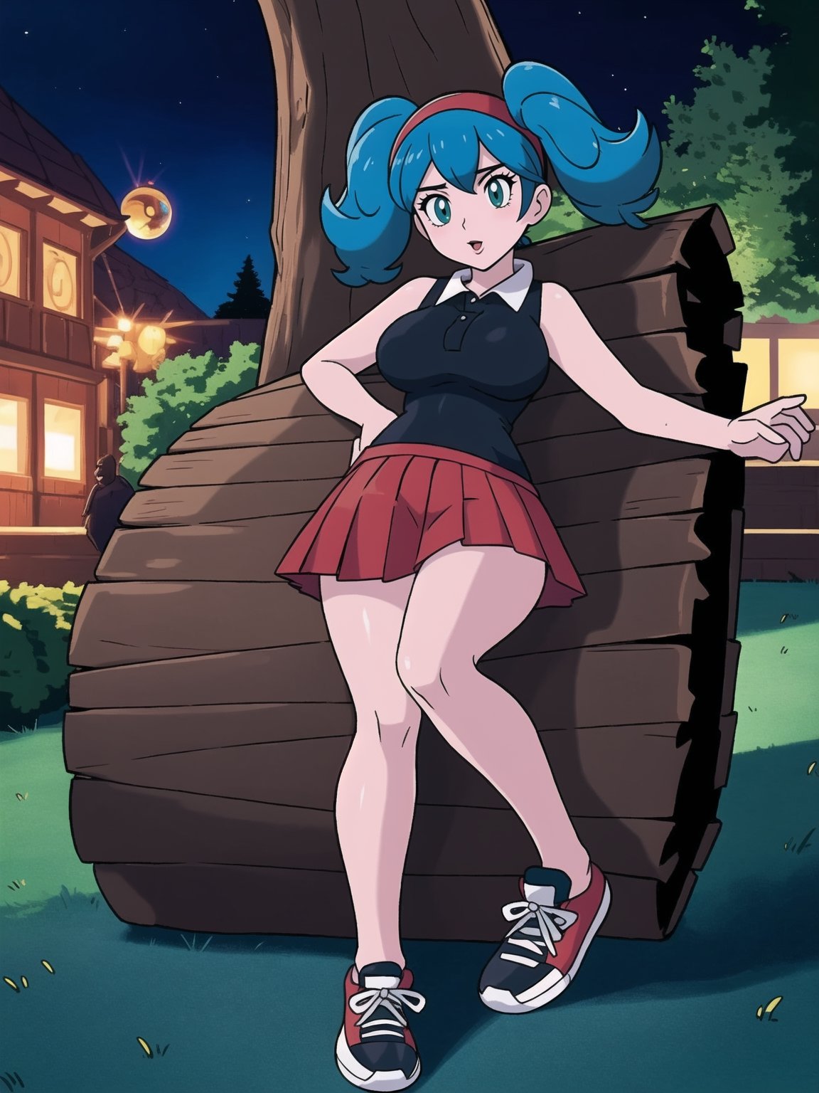 HD Quality, Pokémon Arceus Switch Style. | A charming 20-year-old Pokémon trainer, wearing a snug sleeveless white shirt, accordion-pleated red skirt, and black sneakers, stands out in the night forest park. Her blue hair, with an imposing fringe and two pigtails, is accentuated by a headband. She adopts a sensual pose, interacting with two Pokémon, one aquatic and the other terrestrial, amidst modern and natural structures of logs and bricks. | The camera, very close, focuses on every detail of the trainer's body and the interaction with the Pokémon. | Night effects highlight the vibrant colors of the Pokémon and the soft illumination of the park. | Captivating scene of a Pokémon trainer interacting with her companions in a night park. | She is adopting a ((sensual pose as interacts, boldly leaning on a large structure in the scene, leaning back in a sensual way, adding a unique touch to the scene.):1.3), ((full body image)), perfect hand, fingers, hand, perfect, better_hands, More Detail,