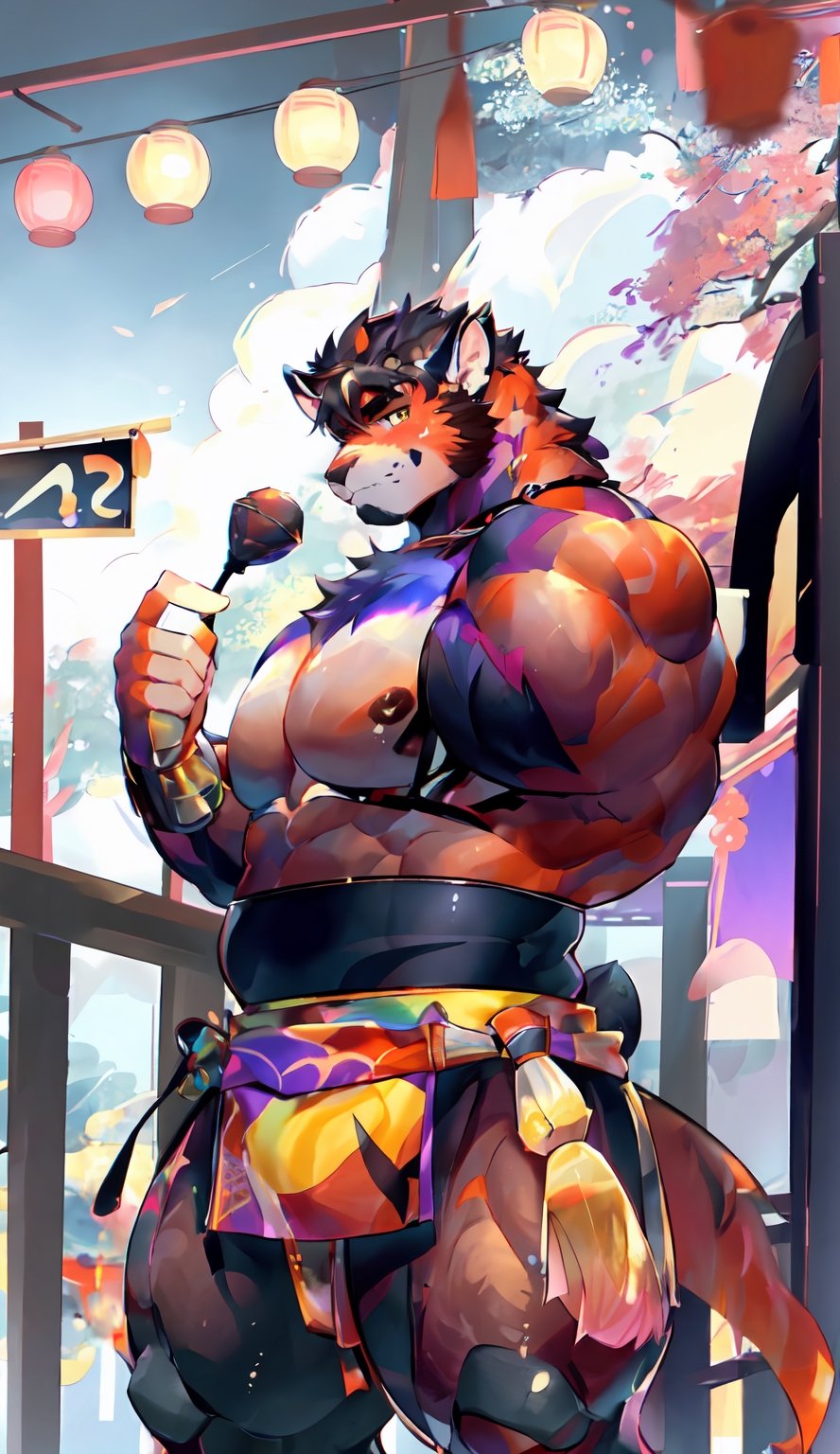 1 kemono mature male, furred, solo, 4K,  masterpiece, ultra-fine details, full_body, thick arms, prominent ear, thick eyebrow, Argus-eyed, big_muscle,  muscular thighs, tall, Muscular, stocky,
Japanese summer fastival,cart00d