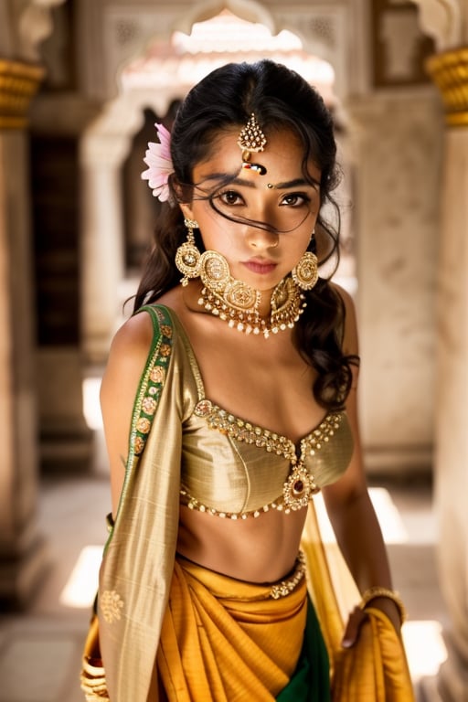 full body look, she is standing in fount of big building mahal, she is wearning indian traditional black saree with jewelry, holding flower, indian sultry look women, her heavy breasts and intricate hair illuminated in a photorealistic face, pubic hair, extremely high quality RAW photograph, detailed background, intricate, Exquisite details and textures, highly detailed, ultra detailed photograph, warm lighting, 4k, sharp focus, high resolution, detailed skin, detailed eyes, 8k uhd, dslr, high quality, film grain, Fujifilm XT3,
Background a beautiful big mahal and gree trees