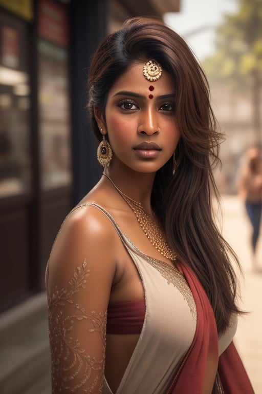 A stunning Wide photorealistic image of a brown skin indian sultry look women standing on street, her heavy breasts and intricate hair illuminated in a photorealistic face.