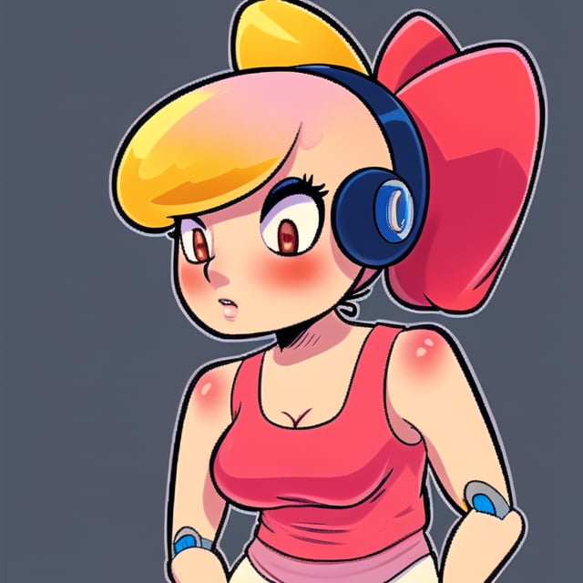 Peach (fruit) robot, female, tanktop, ponytail,