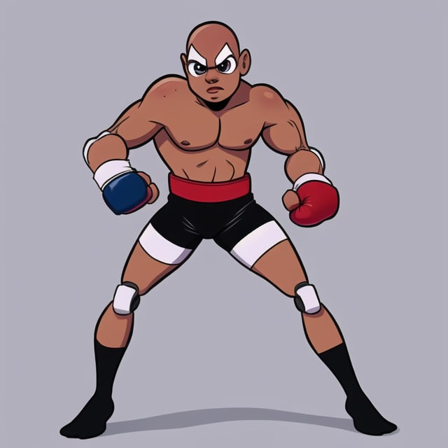 [Adult boxer, greasy, brown mullet, square shaped head] 
[Boxing helmet, boxing gloves, boxing shorts, no shirt]
[Geometric, bendy, robotic, mute color artstyle, full body] Cartoon