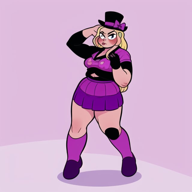 adult, chubby, wrestler, woman, long blonde hair, purple top hat, purple bow, pink wool shirt, short pink skirt, Geometrical, bendy, toy-like, mute color artstyle, Cartoon