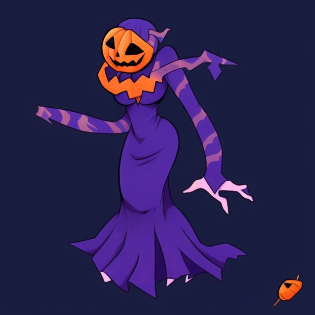 Jack-o-lantern-headed lady, covered in vines [Geometrical, bendy, toy-like mute color artstyle, full body]