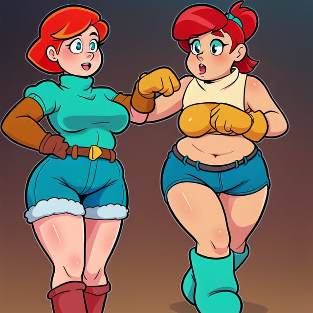 woman with adult features, light tan skin, redhead ponytail, teal turtleneck, puffy gloves, blue shorts, brown fuzzy boots (she has the power of being thicc), Cartoon