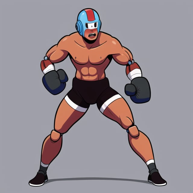 [Adult boxer, sweaty,, slim, sleazy, brown mullet, square shaped head] 
[Boxing helmet, boxing gloves, boxing shorts, no shirt]
[Geometric, bendy, robotic, mute color artstyle, full body] Cartoon