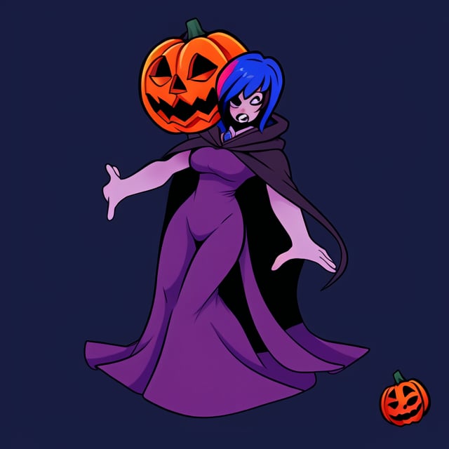 [Old jack-o-lantern-headed lady, covered in vines, big hands] [wearing a cloak] [Geometrical, bendy, toy-like mute color artstyle, full body]