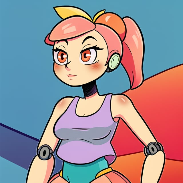 Peach (fruit) robot, female, tanktop, ponytail,