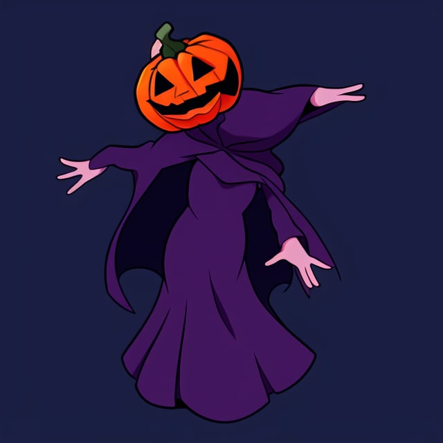 [Old, jack-o-lantern-head, covered in vines, big hands] [wearing a cloak] [Geometrical, bendy, toy-like mute color artstyle, full body]