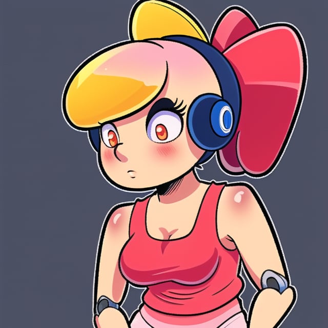 Peach (fruit) robot, female, tanktop, ponytail,