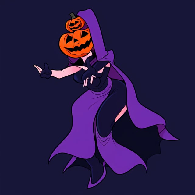 [Old jack-o-lantern-headed lady, covered in vines, big hands] [wearing a cloak] [Geometrical, bendy, toy-like mute color artstyle, full body]