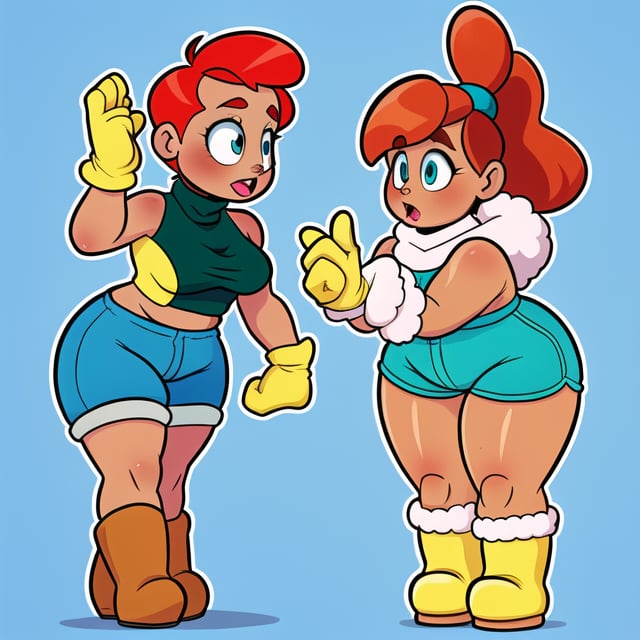 woman with adult features, light tan skin, redhead ponytail, teal turtleneck, puffy gloves, blue shorts, brown fuzzy boots, thicc_thighs, Cartoon