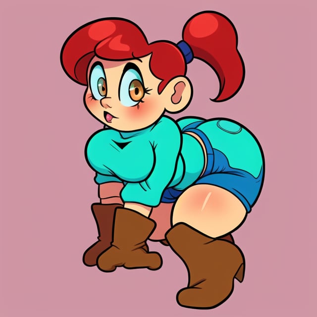 woman with adult features, light tan skin, dot eyes, redhead ponytail, teal turtleneck, puffy gloves, blue shorts, brown fuzzy boots, thicc_thighs, kneeling with left leg forward, Cartoon