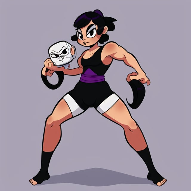 adult wrestler femboy, Asian, long black hair tied in a ponytail, square head shape, purple barefoot karate outfit, geometrical, bendy, toy-like, mute colorartstyle, Cartoon